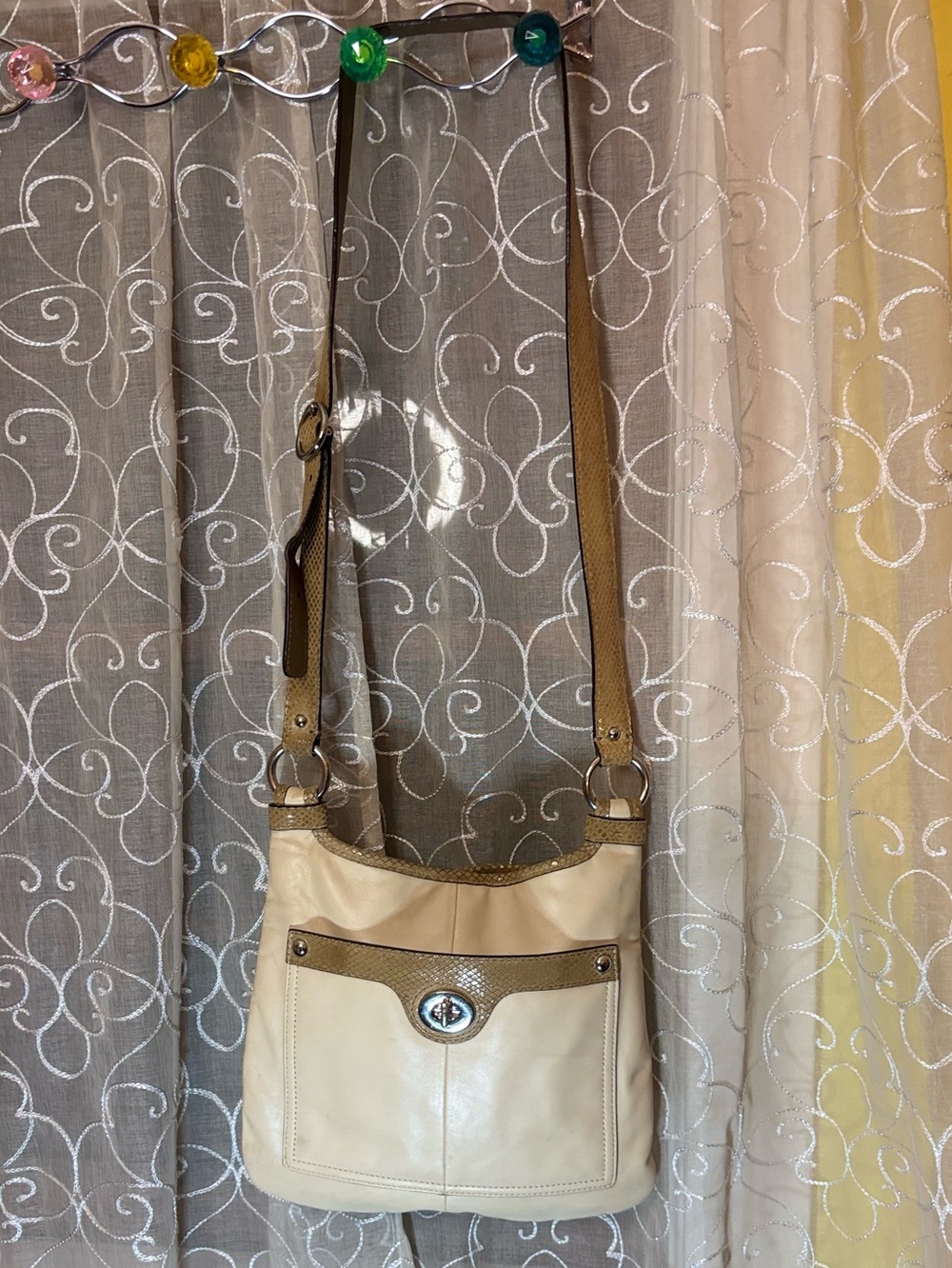 Coach Penelope Ivory Leather Snakeskin Trim Crossbody Bag (Style Number F16533